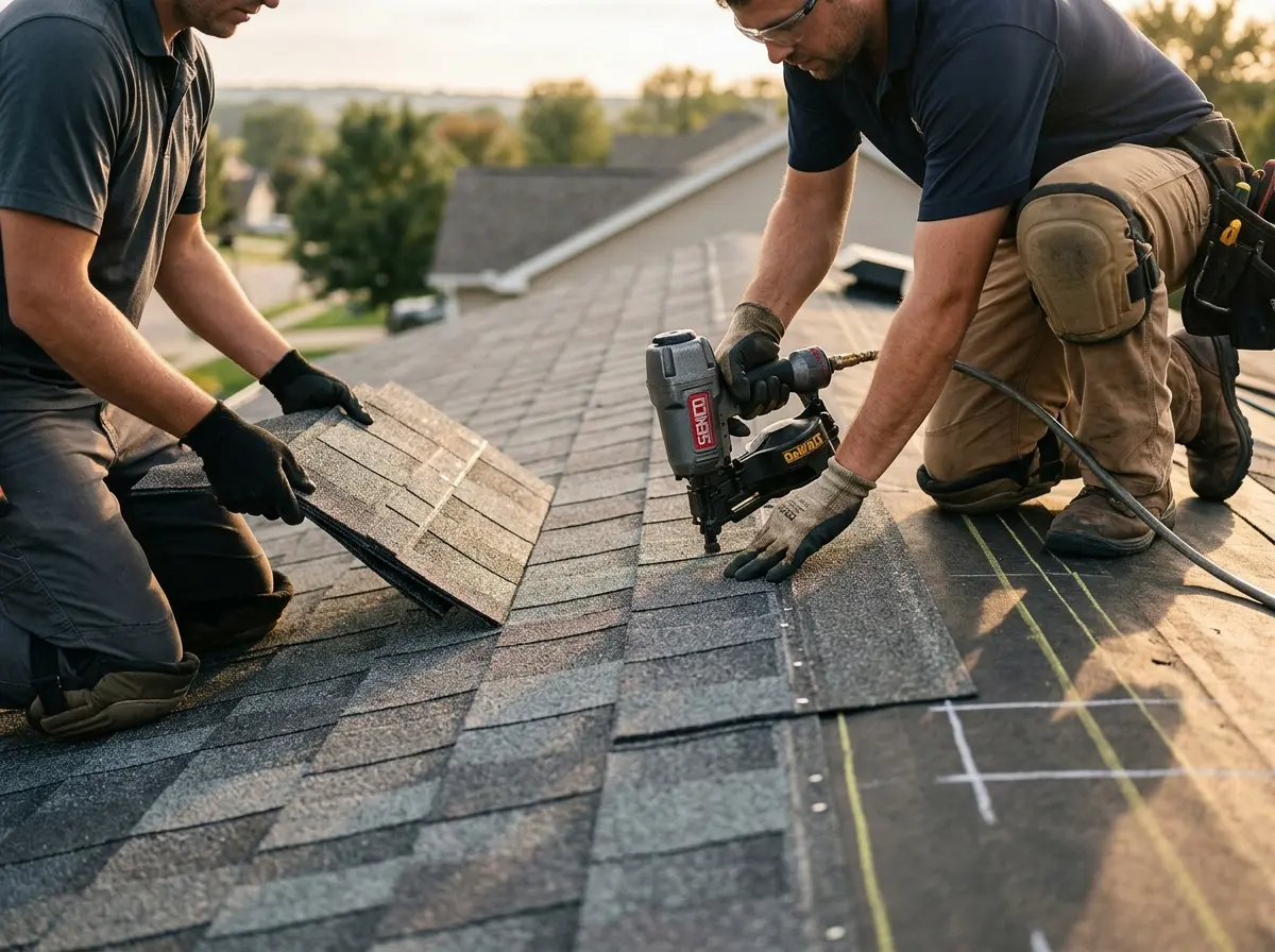 Professional roofer working on a residential roof in Caldwell
